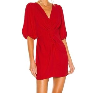 AMANDA UPRICHARD Red Twist Front Mini Dress with Puff Sleeves